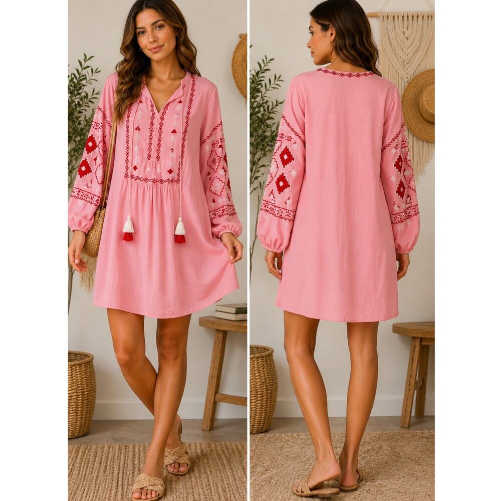 Bindu Pink Embroidered Tassel Tie Cotton Boho Dress Small